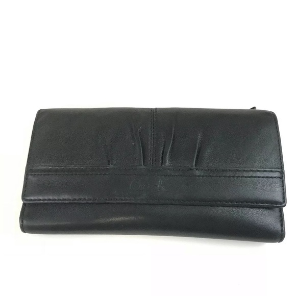 Coach Solid Black Leather Trifold Wallet Button